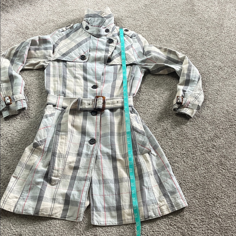 Classic Barbour Pastel Plaid sz4 Cotton Linen Tortoiseshell Hardware Trench EUC - Picture 8 of 16